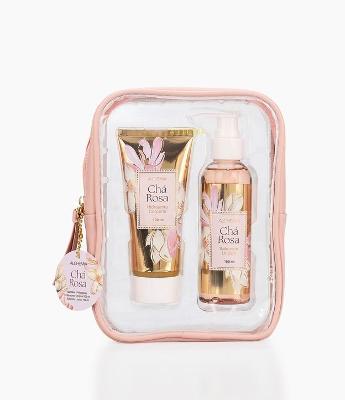 Kit Nécessaire Rosa Chá Rosa com Sabonete Liquido  Alchemia + Hidratante Corporal  Mães Alchemia 


