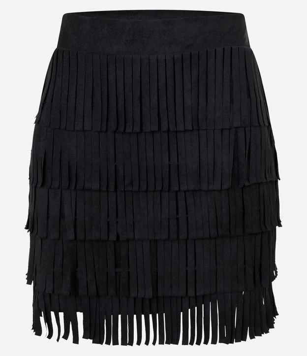 Saia Reta Estilo Folk em Suede com Camadas de Franjas - 1