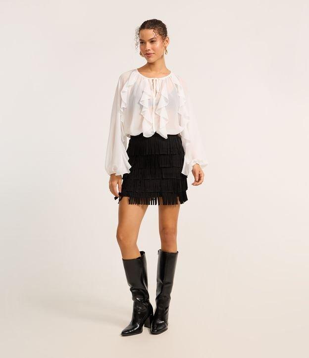 Saia Reta Estilo Folk em Suede com Camadas de Franjas - 2