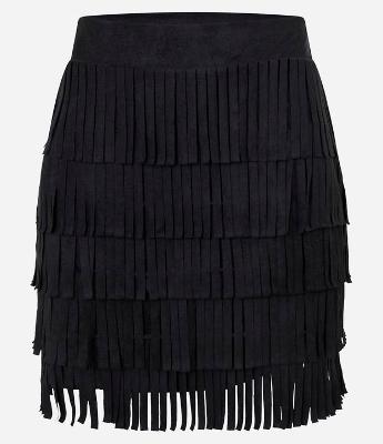 Saia Reta Estilo Folk em Suede com Camadas de Franjas