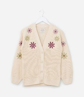 Cardigan Infantil em Tricô com Bordado Floral - Tam 5 a 14 Anos