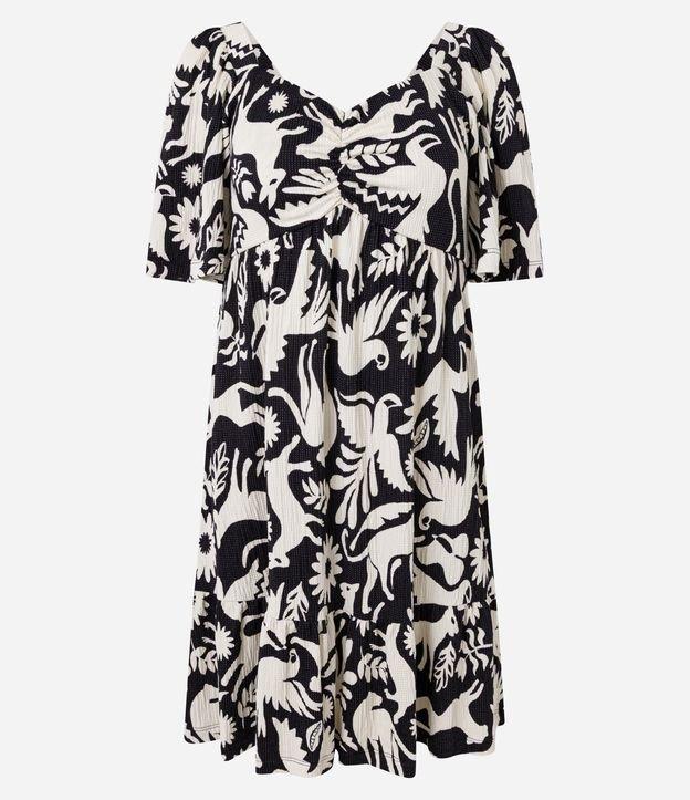 Vestido Curto Texturizado com Decote Coração e Estampa de Pássaros - 1