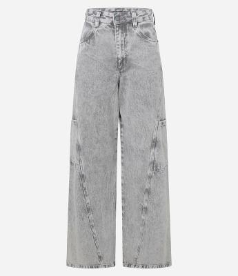 Calça Wide Leg em Jeans com Recorte Transversal e Bolso Cargo