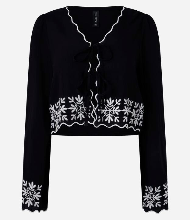 Blusa em Tricoline com Amarração e Bordado na Barra e Punhos - 1