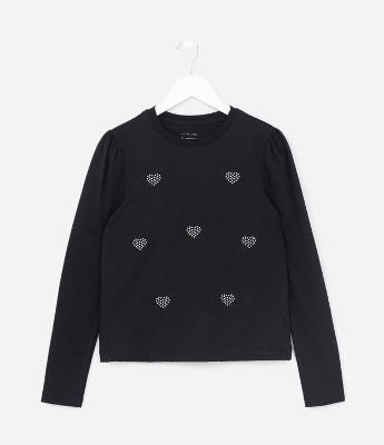 Camiseta Infantil com Brilhos Aplicados em Formato Coração - Tam 5 a 14 Anos