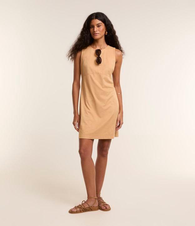 Vestido Curto em Suede Sem Manga com Decote Redondo - 1