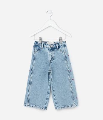 Calça Wide Leg Infantil com Bordado de Flores - Tam 1 a 6 Anos