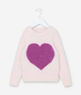 Suéter Infantil em Chenille Peludinho com Estampa Coração - Tam 1 a 5 Anos