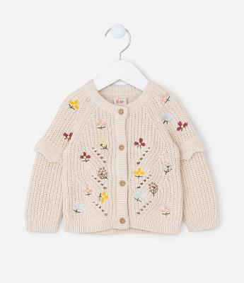 Cardigan Infantil com Babados e Bordado Floral - Tam 0 a 18 meses