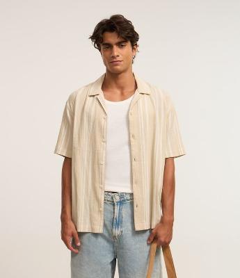 Camisa Relaxed em Tricoline com Estampa de Listras Rústicas