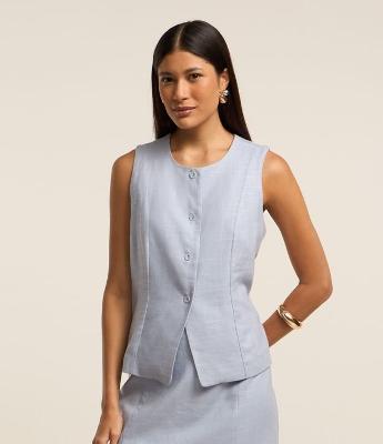 Colete Regular com Viscose e Linho e Decote Redondo