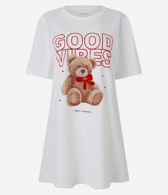 Camisola T-Shirt em Algodão com Estampa Ursinho Good Vibes