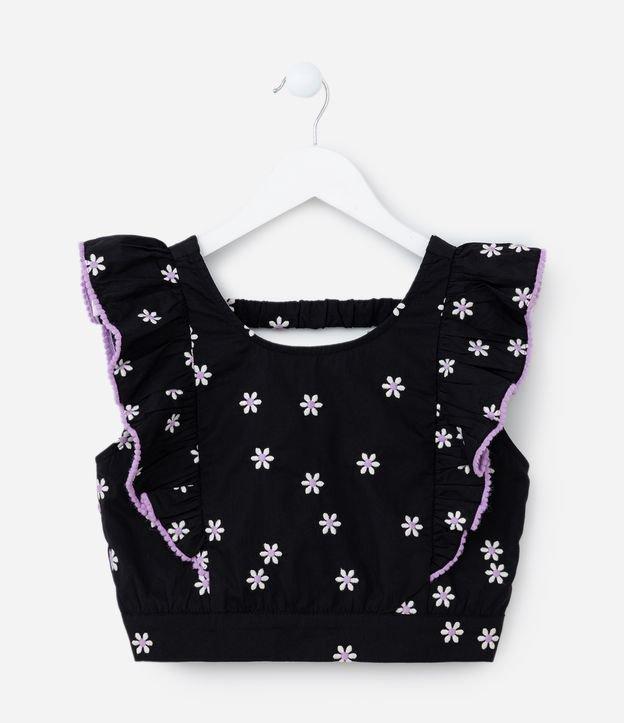 Blusa Cropped Infantil com Babados e Bordado Margaridas - Tam 5 a 14 Anos - 1