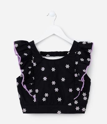 Blusa Cropped Infantil com Babados e Bordado Margaridas - Tam 5 a 14 Anos