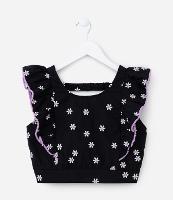 Blusa Cropped Infantil com Babados e Bordado Margaridas - Tam 5 a 14 Anos - 1