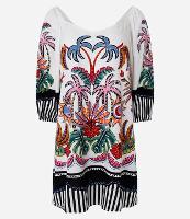 Vestido Evasê Curto com Linho Estampado Tropical e Mangas Bufantes - 1