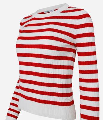 Suéter Listrado em Tricô com Gola Redonda