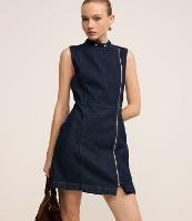 Vestido Curto em Jeans com Gola Biker e Zíper Frontal - 1