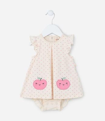 Vestido Body Infantil com Bordado Maçãzinha - Tam 0 a 18 meses