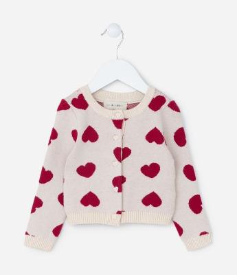 Cardigan Infantil em Tricô com Estampa Corações - Tam 1 a 5 Anos