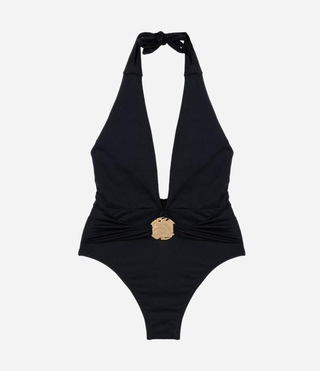 Maiô Frente Única em Microfibra com Decote Profundo e Aviamento - 1