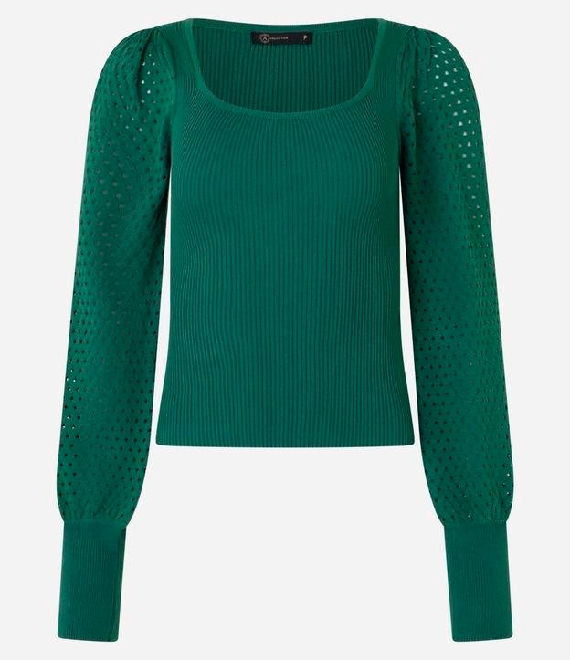 Suéter Canelado em Tricô com Furos na Manga Bufante - 1