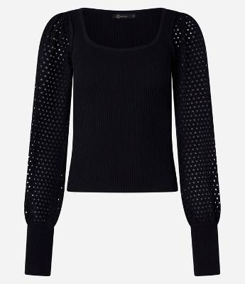 Suéter Canelado em Tricô com Furos na Manga Bufante