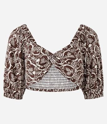 Blusa Cropped em Viscose e Linho com Estampa com Torcido Frontal