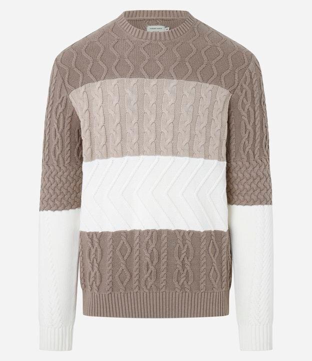 Suéter Regular em Algodão e Textura Trançada com Bloco de Cores - 1