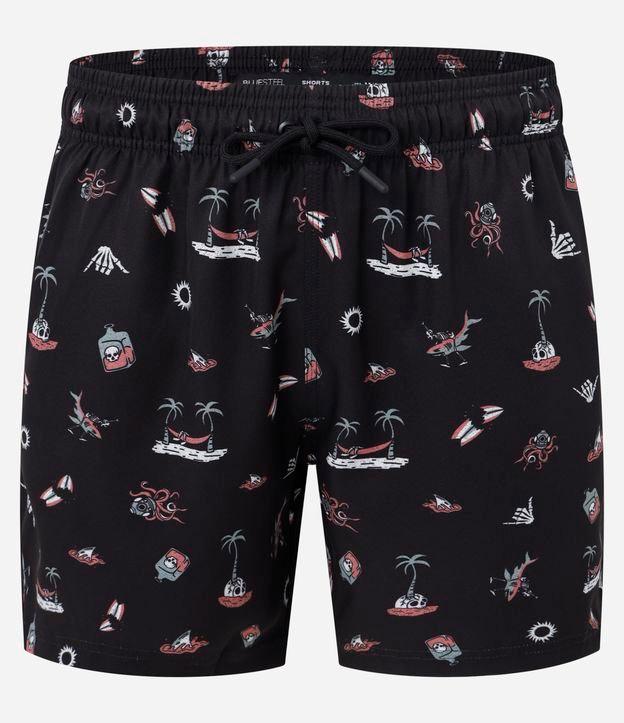 Bermuda em Microfibra com Estampa de Praia e Caveiras - 1