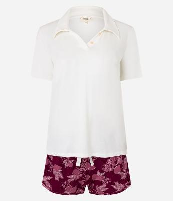 Pijama Short Doll em Viscose com Gola Polo e Short Floral