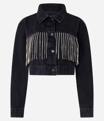 Jaqueta Cropped em Jeans com Franjas de Strass