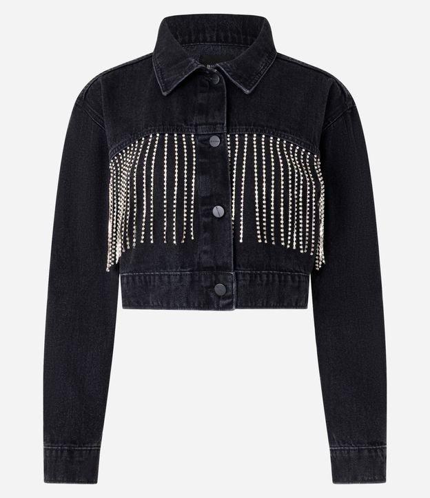 Jaqueta Cropped em Jeans com Franjas de Strass - 1