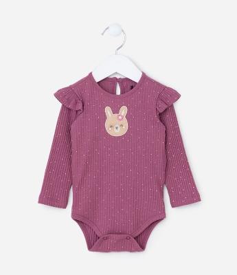 Body Infantil Canelado com Estampa Poá e Ursa - Tam 0 a 18 meses