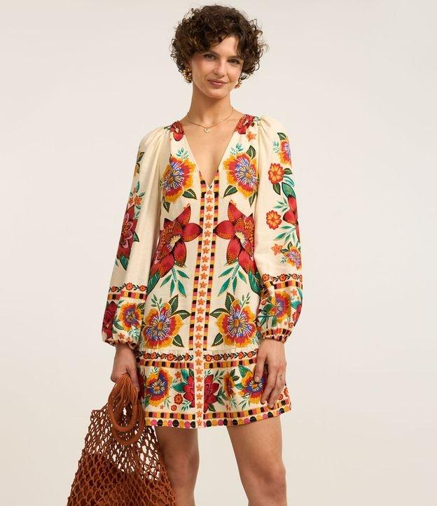 Vestido Curto em Viscose e Linho com Manga Bufante e Estampa Floral - 2