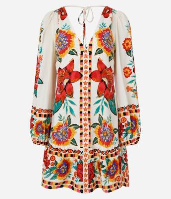 Vestido Curto em Viscose e Linho com Manga Bufante e Estampa Floral