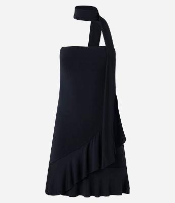 Vestido Curto em Jersey com Amarração no Pescoço e Babado na Barra