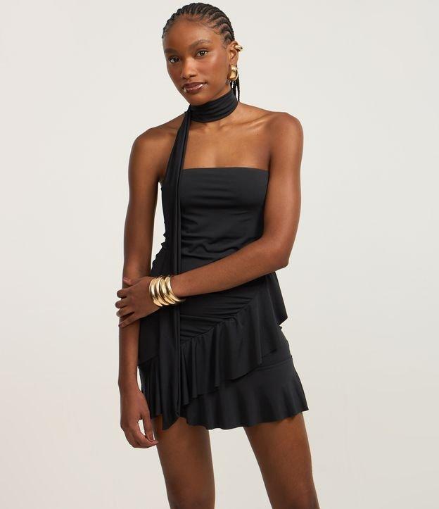 Vestido Curto em Jersey com Amarração no Pescoço e Babado na Barra - 3