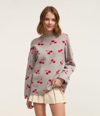 Blusão em Jacquard com Estampa de Cerejinhas