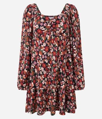 Vestido Curto Texturizado Floral com Franzido no Busto