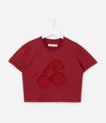 Camiseta Curta Infantil com Bordado de Cerejas - Tam 5 a 14 Anos