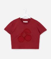 Camiseta Curta Infantil com Bordado de Cerejas - Tam 5 a 14 Anos - 1