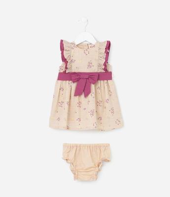 Vestido Infantil com Babado e Laço Contrastante - Tam 3 a 18 meses