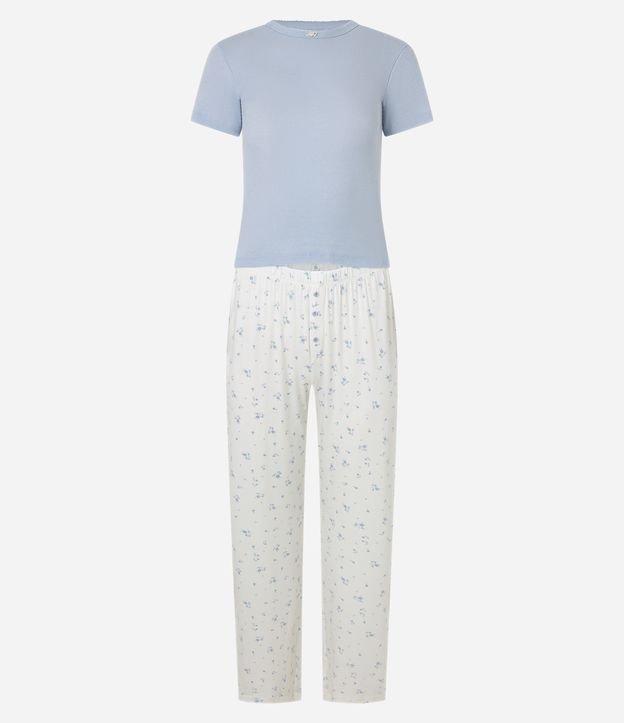 Pijama Longo em Ribana com Estampa Floral e Detalhe de Flor na Gola - 1