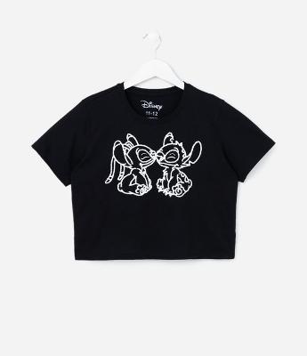 Camiseta Cropped com Bordado do Stitch e Angel - Tam 5 a 14 Anos