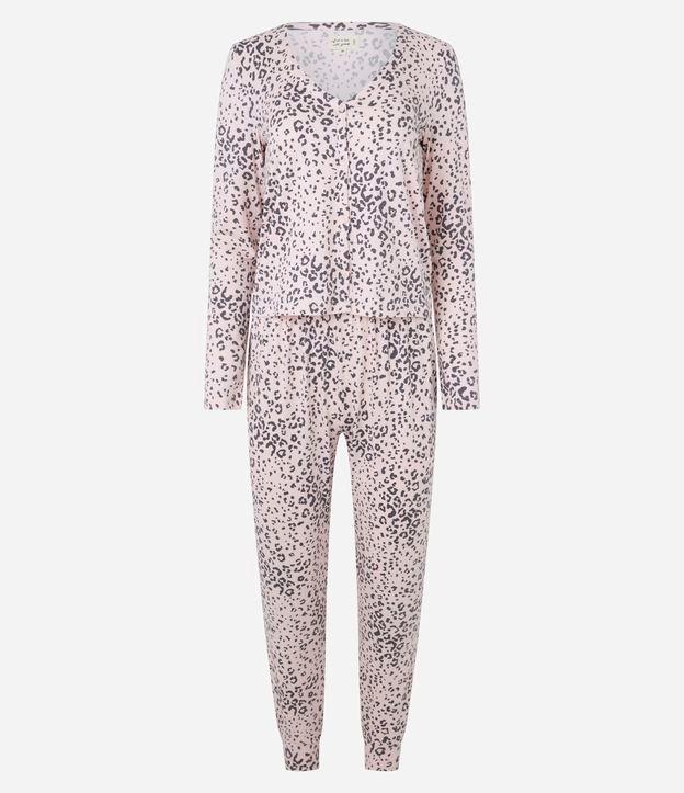 Pijama Longo em Peach Touch com Estampa Animal Print Onça e Botões - 1