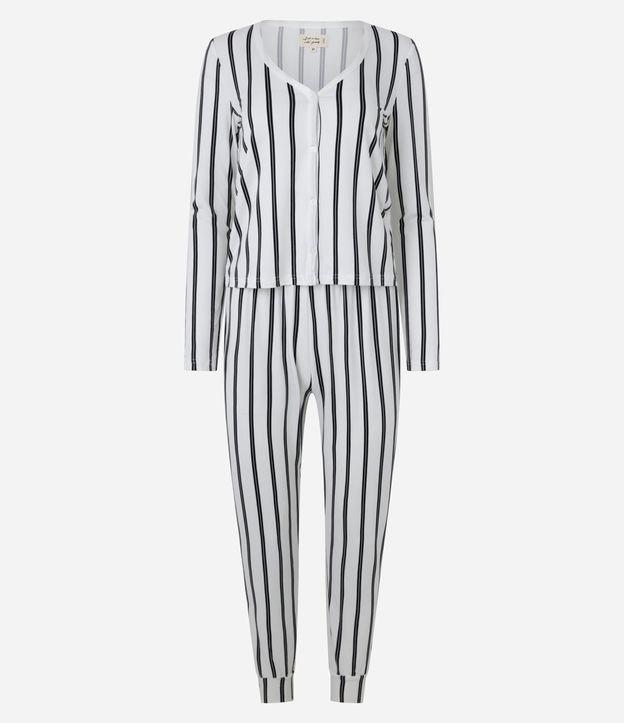 Pijama Longo em Peach Touch com Estampa Listrada e Botões - 1