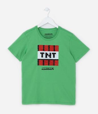 Camiseta Infantil com Estampa Minecraft em Paetês - Tam 5 a 14 Anos
