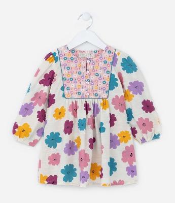 Vestido Infantil com Recorte e Estampa Floral - Tam 1 a 5 Anos
