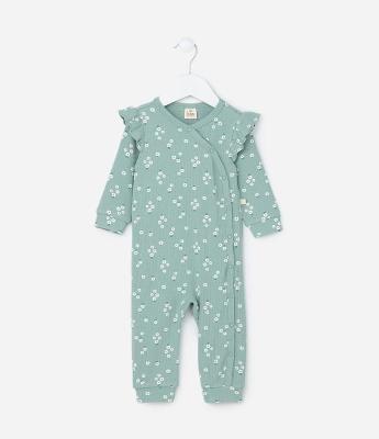 Macacão Infantil Canelado com Estampa Floral - Tam RN a 18 meses